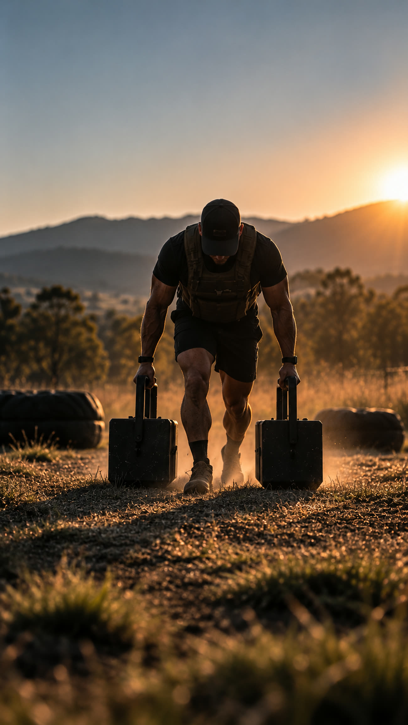 Athlete carrying heavy loads through a Brookfield paddock at sunrise