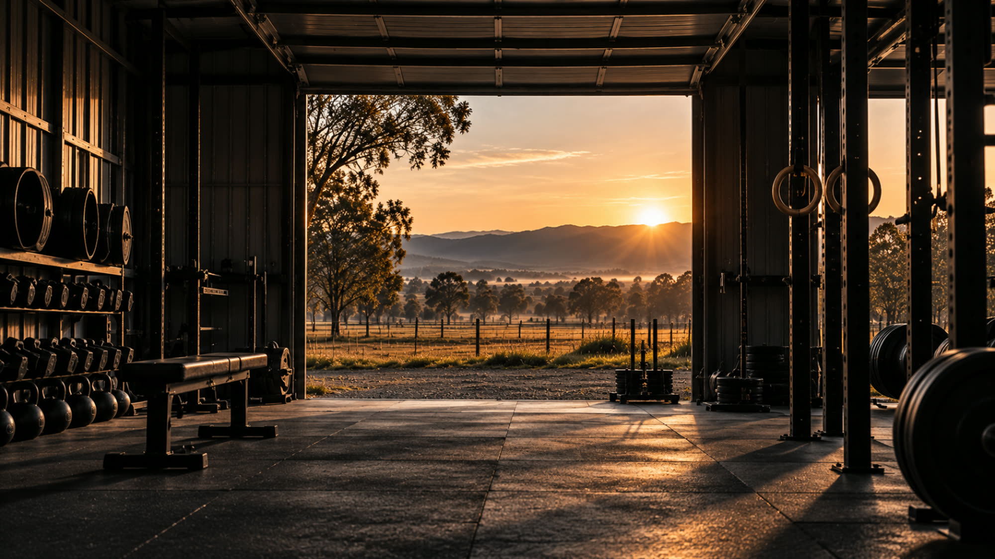 Open roller door of the Paddock training shed at sunrise with Brookfield paddocks beyond